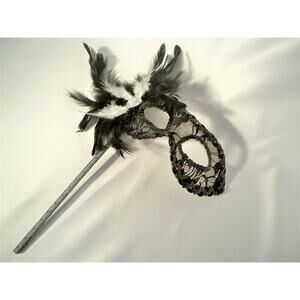 Black lace feather mask on a stick, prom halloween costume masquerade  Cosplay